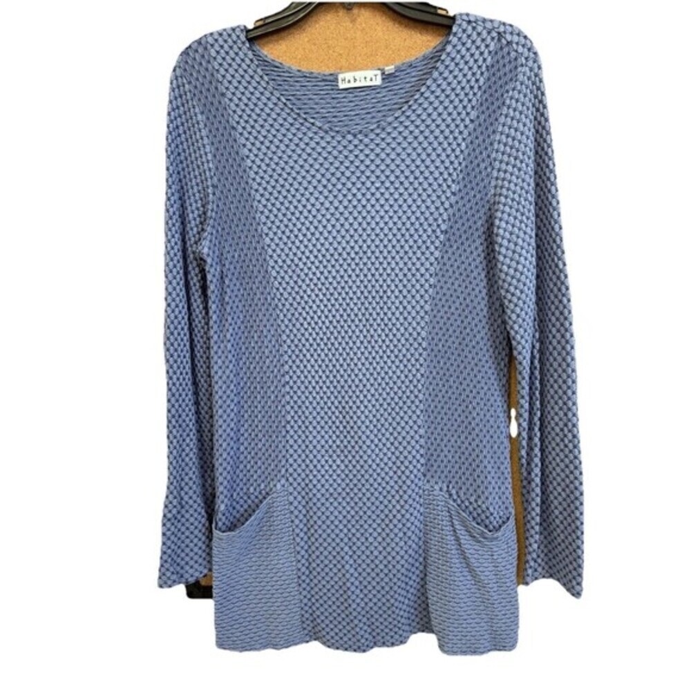 Habitat Womens‎ Top Blouse Blue Textured Artsy Small Patchwork Pockets